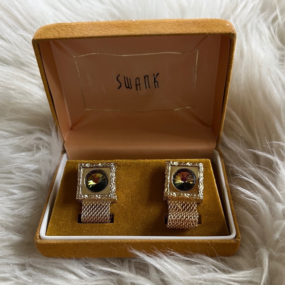 Vintage Swank Mens Gold Tone Mesh Wrap Cufflinks Amber Crystal Square Textured